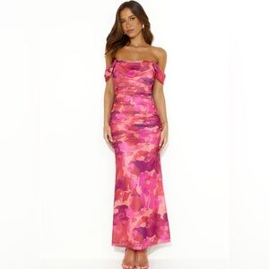 Hello Molly Off Shoulder Pink Floral Mesh Dress